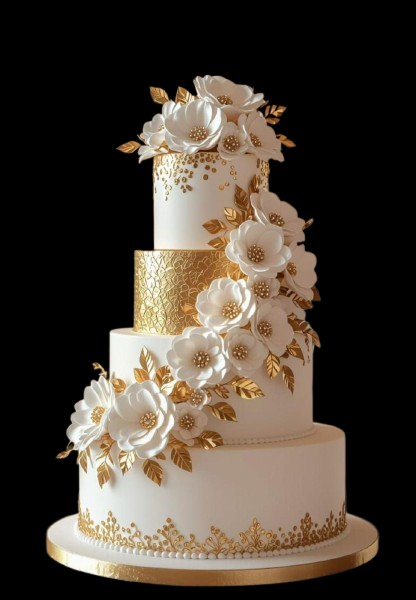 Four_Tier_White_and_Gold_Theme_Wedding_Cake_with_Flower_Topper