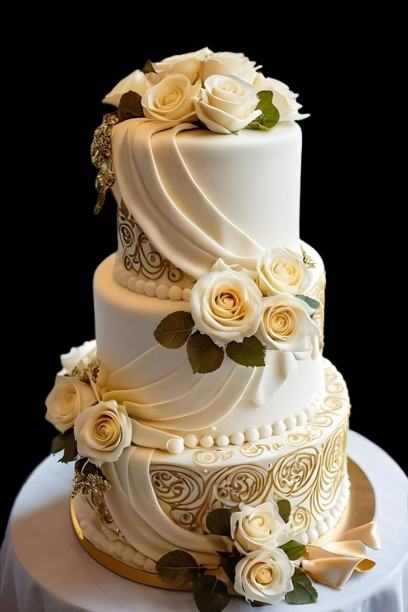 Three_Tier_Fondant_White_and_Gold_Theme_with_Draped_and_Flower_Accent_Wedding_Cake