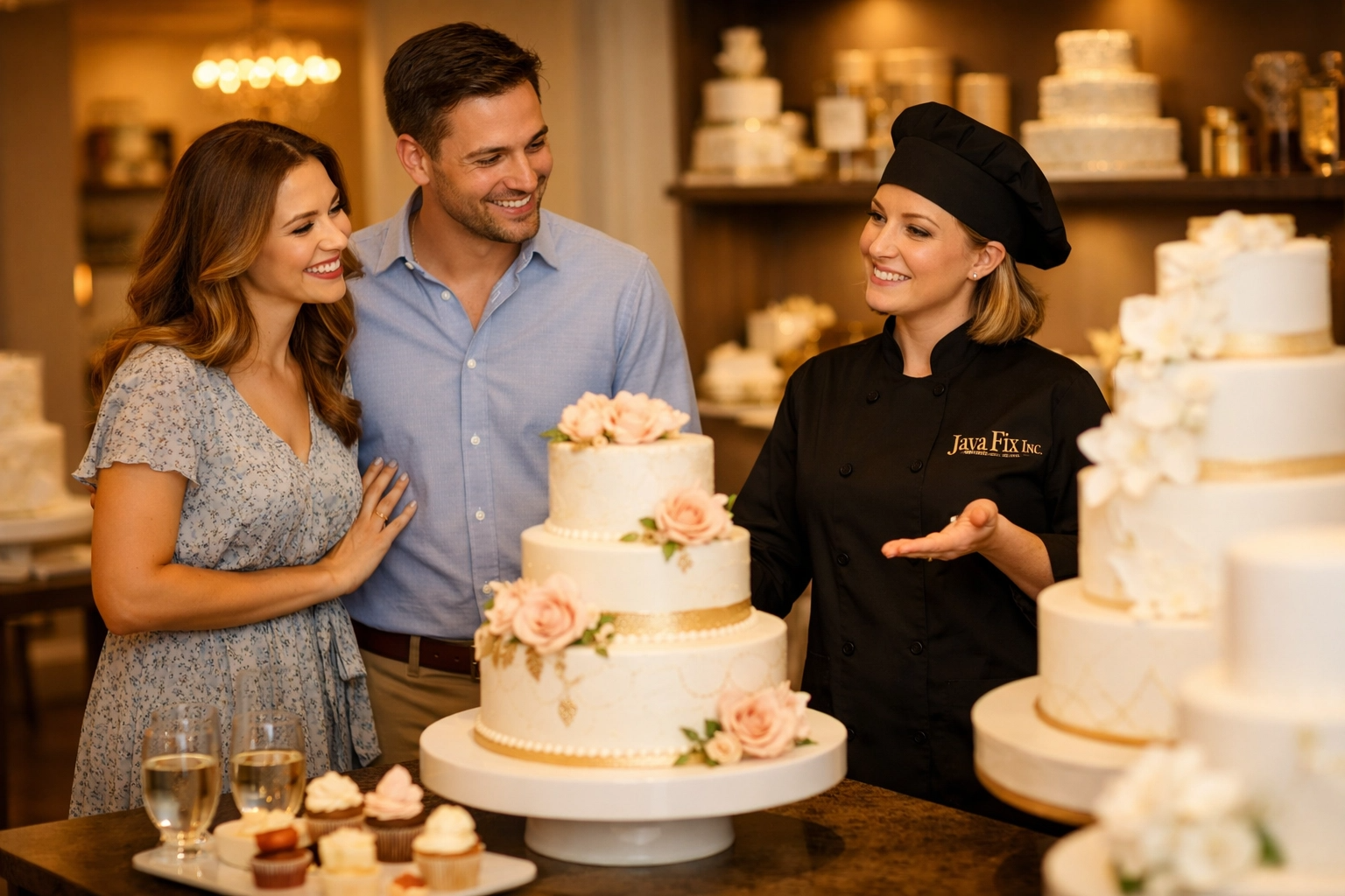 Bride and groom selecting a wedding cake at a tasting consultation with Idle Hour Bakery